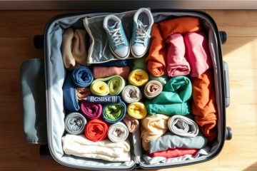 Otwarta walizka podręczna z zrolowanymi ubraniami i kosmetykami na podłodze